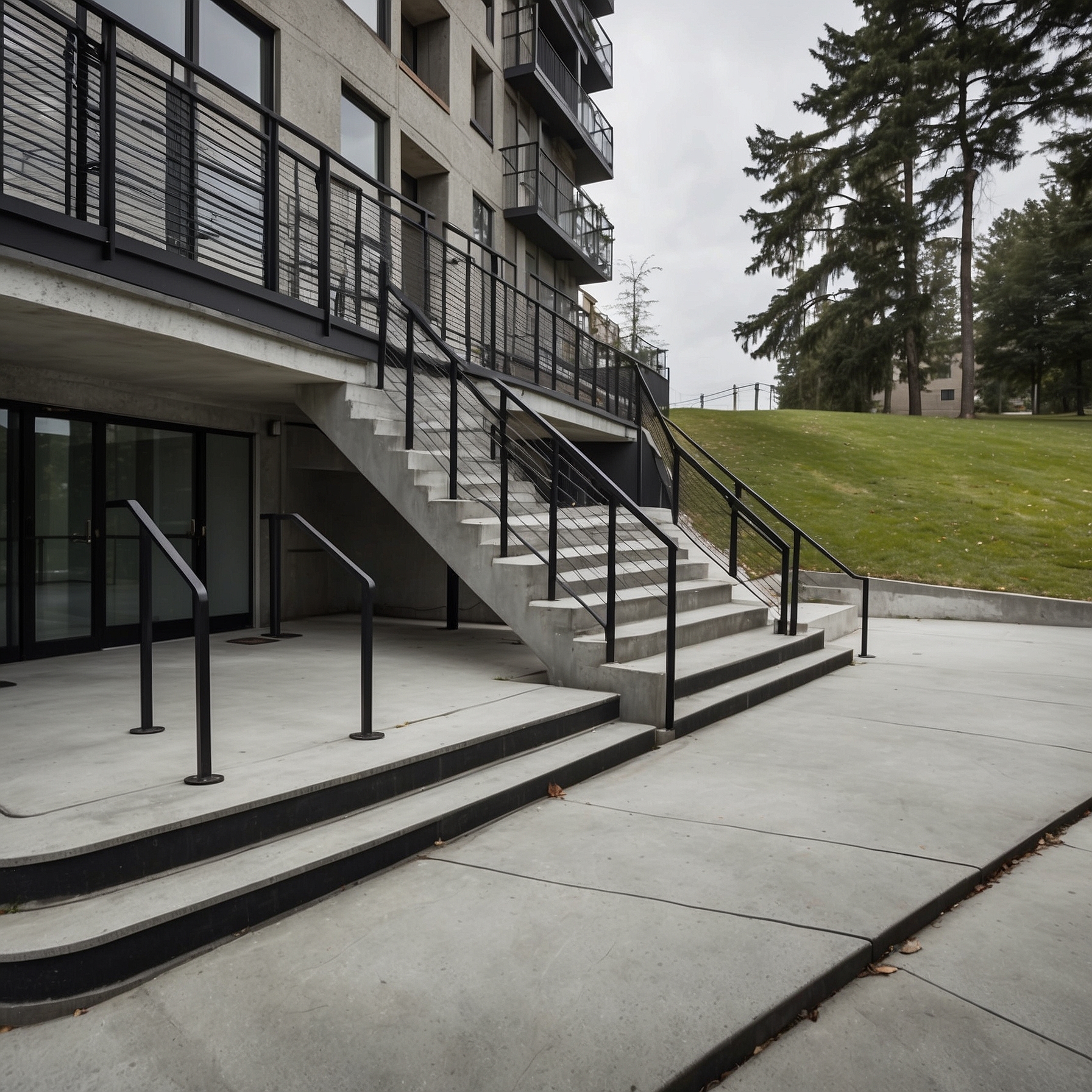 Code-compliant guardrails and handrails on a commercial building stair and ramp in New Jersey