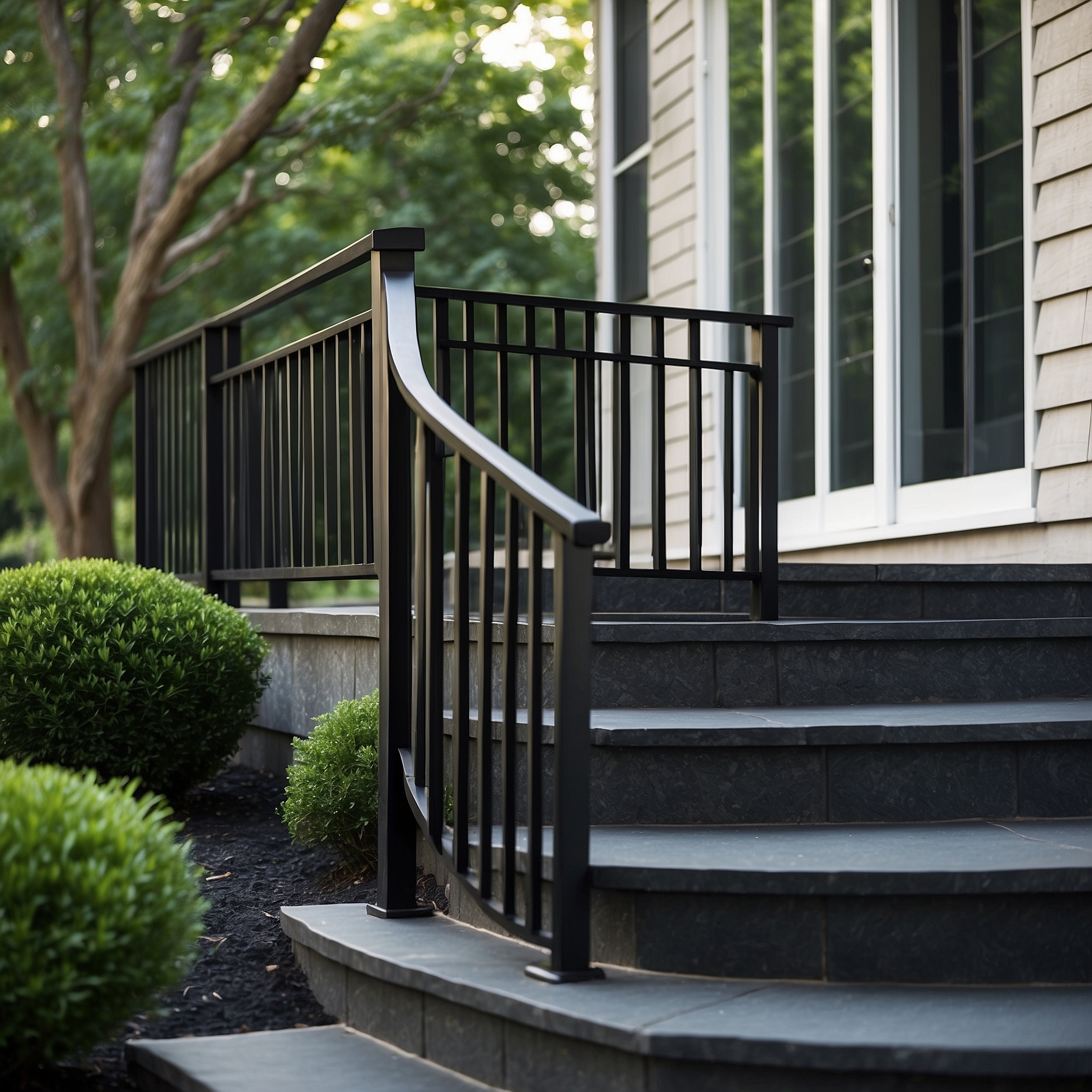 Custom black aluminum stair railing installed down the bluestone steps of a New Jersey home